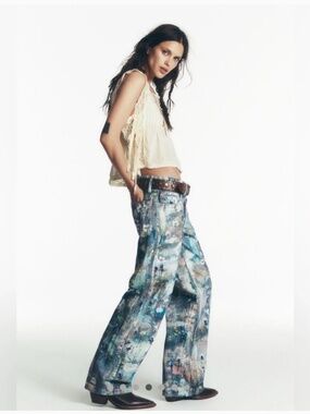 Free People Tennessee Low Rise Illusions Jeans We The Free Floral Canvas Blue